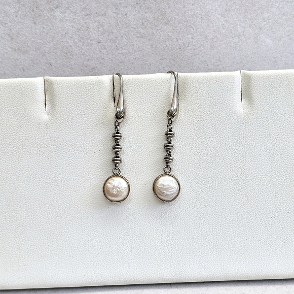 Sterling 925 ITALY Rolo Link Freshwater Pearl Drop Earrings - Picture 5 of 16